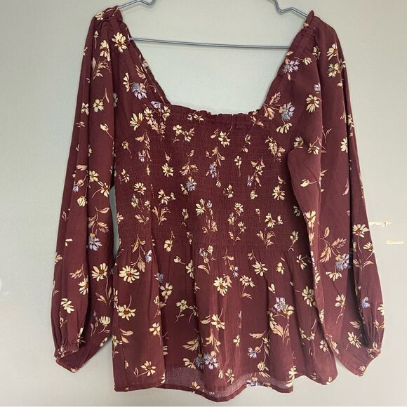 Madewell NWT Dark Merlot Floral Lucie Smocked Square-Neck Peplum Blouse Size 2 - Picture 8 of 8
